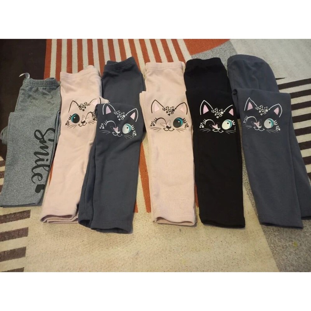 Girls Cat & Smile Fleece Leggings Lot Size 5Y 6 Pack